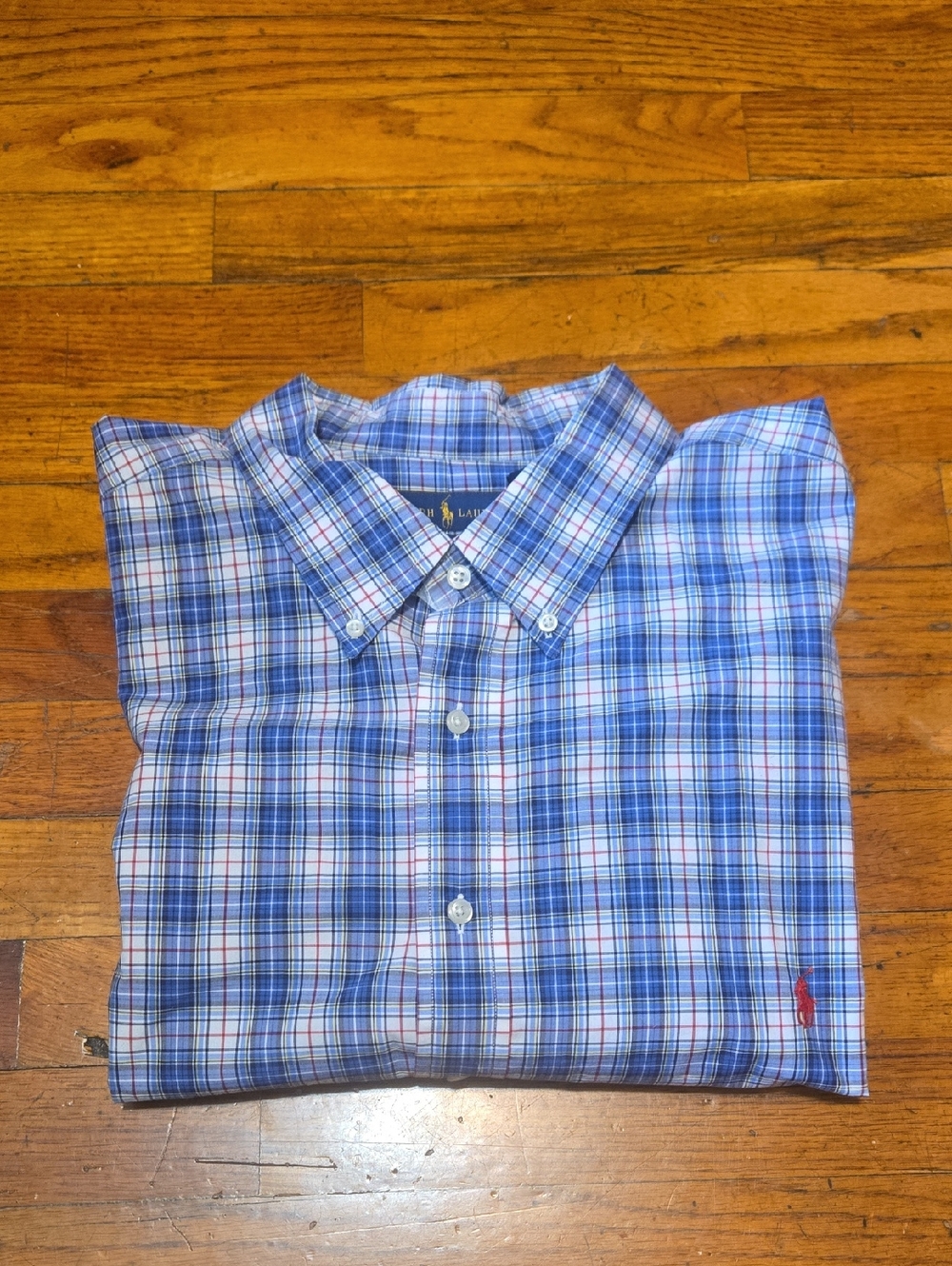 Ralph Lauren Shirt Men's 3XL 3XB Blue Check 100% Cotton Stretch Long Sleeve